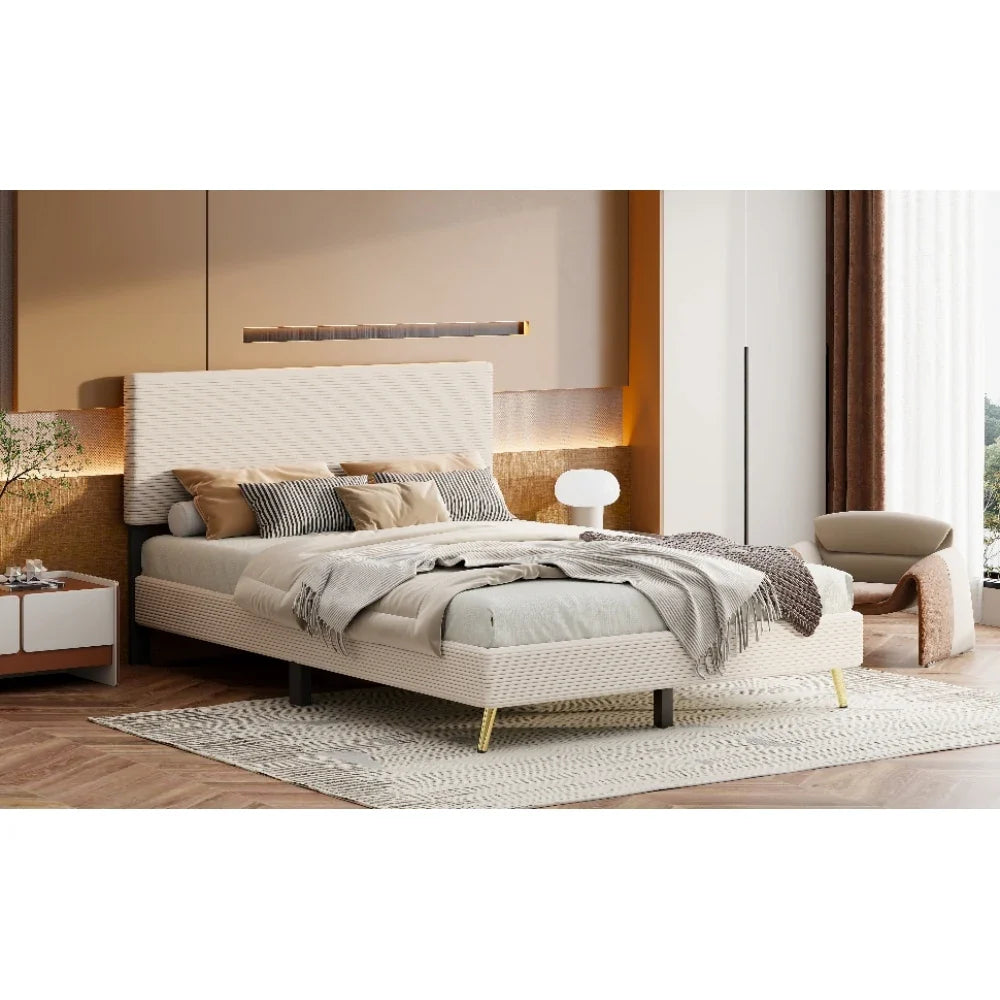 Pink 2 Pieces Bedroom Sets Queen Size Upholstered Bed Frame, Modern Corduroy Storage Ottoman