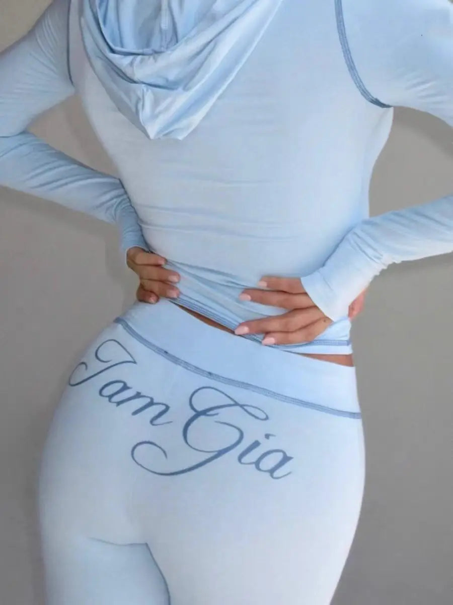 So Y2K Blue Cotton Zipper Hooded Long Sleeved High Stretch Top Low Waist Micro Flared Pants For Women