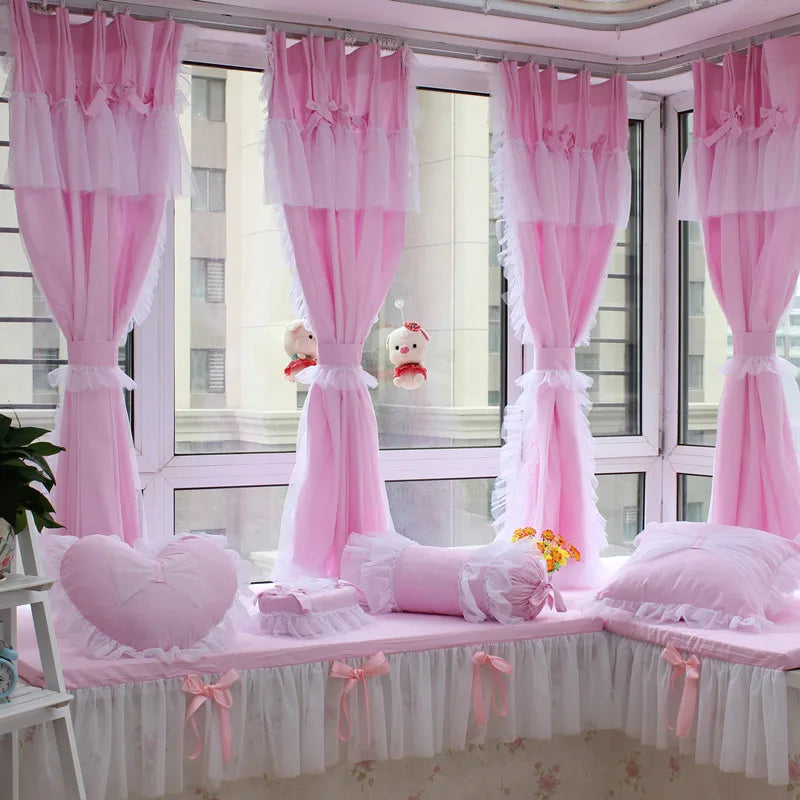 Princess Style Window Curtains, Cotton, Pink Lace, 2 Layer Curtain