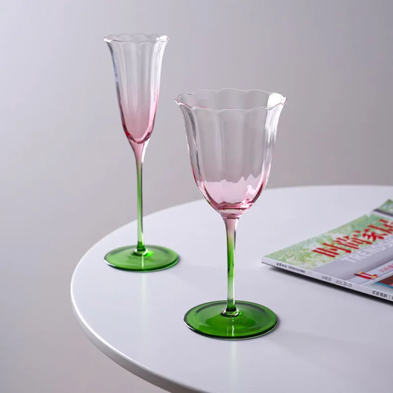 Light Luxury Vintage Flower Red Wine Tall Glass Crystal Glass Pink Green Champagne Glass