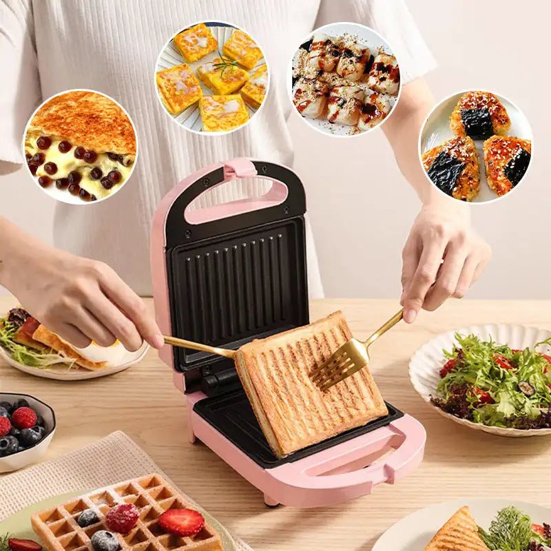 Portable Electric Sandwich Maker Home Multifunctional Machine Non-Stick Breakfast Maker Waffle Baking Pan Pot Pink Red Color