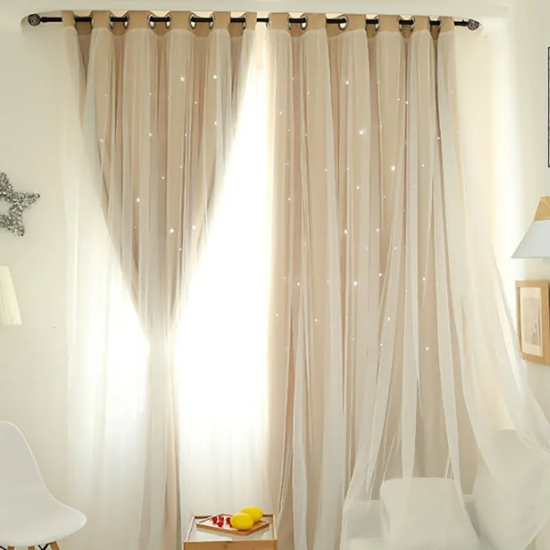 Double-Deck Princess Curtains for Living Room Hollow Stars Lace Curtain for Bedroom Shade Curtain Tulle Cloth
