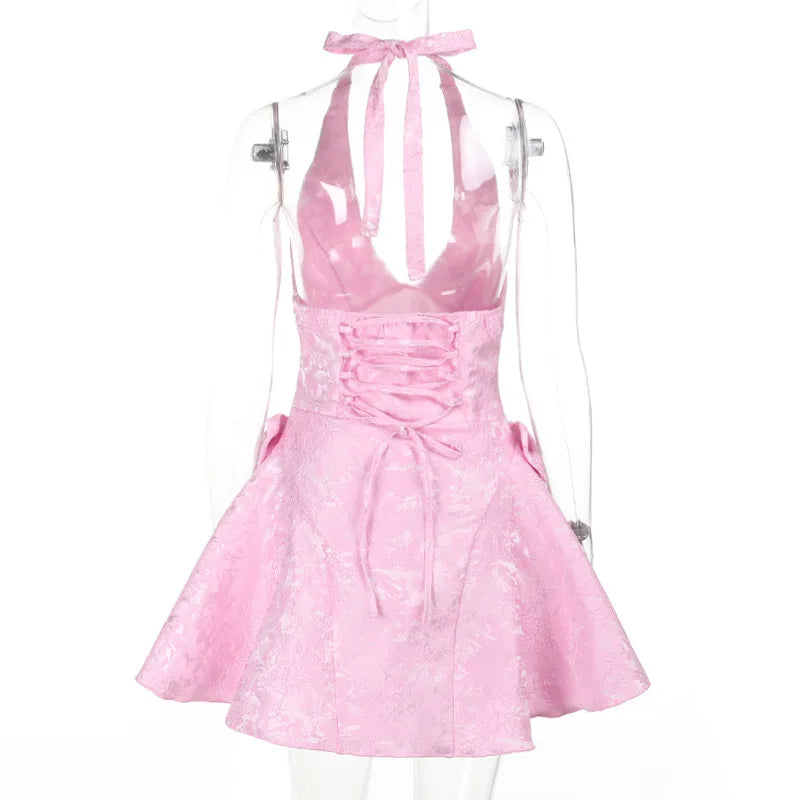 Pink Jacquard Halter Bow Evening Party Dress Women Robes Backless Elegant Sexy Dress Bodycon Mini Dress