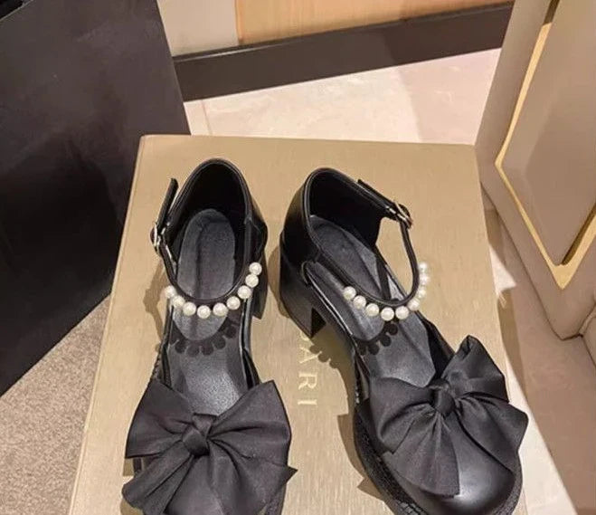 Ladies Luxury Bow Pearl With Medium Heels Mary Jane Shoes
