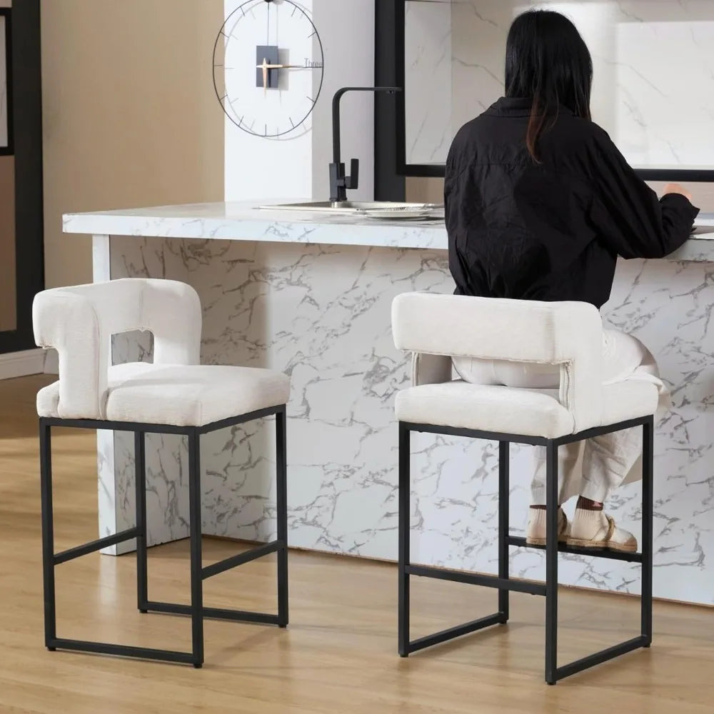 Modern Bar Stools Set of 2, 26'' Counter Height Bar Stool with Sturdy Metal Steel Frame, Chenille Upholstered Barstools with Back