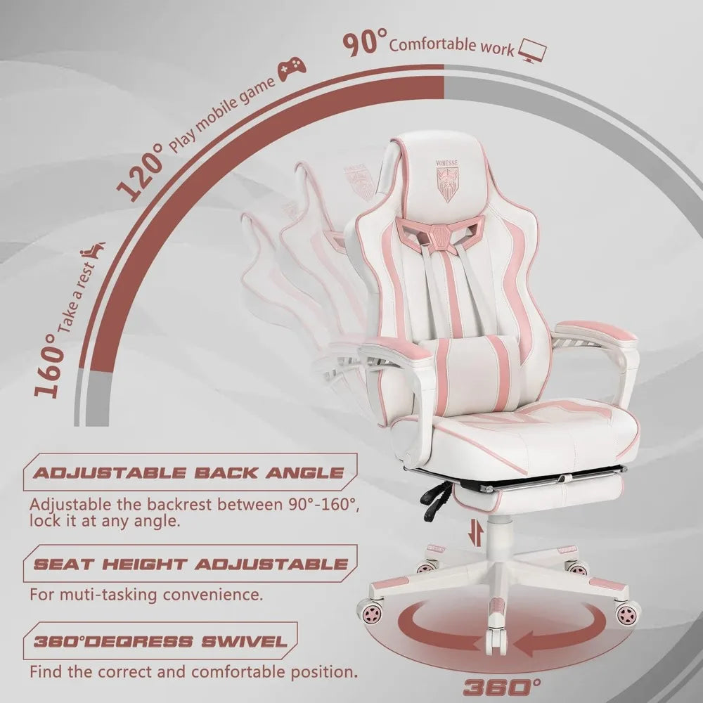Pink Gaming Chair for Girls, Pink Computer Gaming Chairs for Adults, Reclining Gamer Chair with Footrest with Massage, Ergonomi