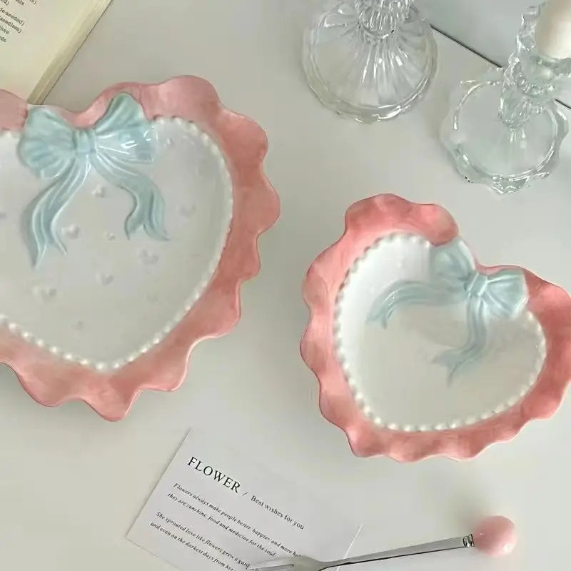Cute Wave Edge Bow Knot Love Wave Dot Ceramic Lace Girl Tableware