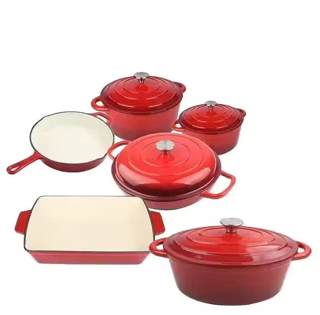 Red Enameled Dutch Oven Cast Iron Cookware Casserole Cooking Soup & Stock Pots And Pans Set