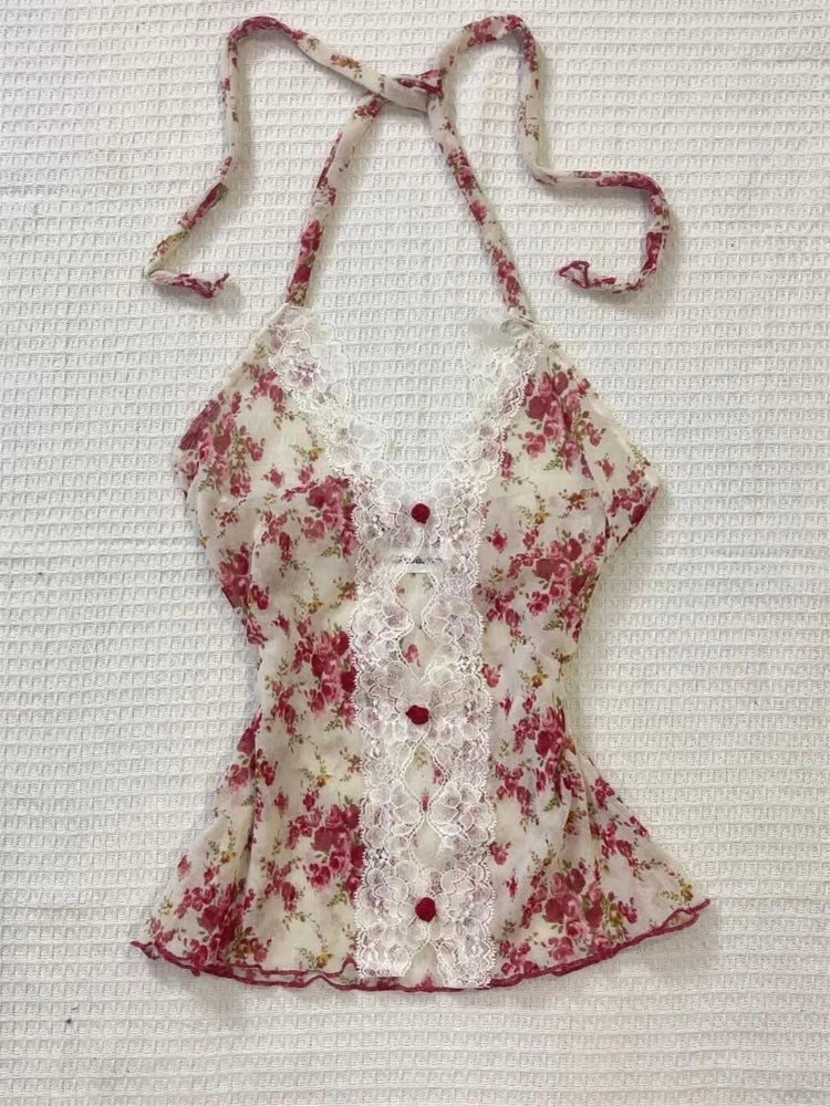 Summer Woman Floral Halter Lace Blouse Vintage Sexy Slim Fit Fairy Tops Outfits Elegant Style