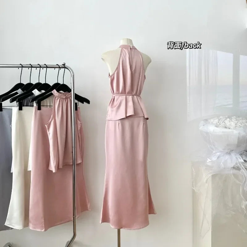 Sweet Hot Girl Casual Suit Women's Summer Satin Sleeveless Top High Waist Long Skirt Two-piece Set Fashion Female Clothes