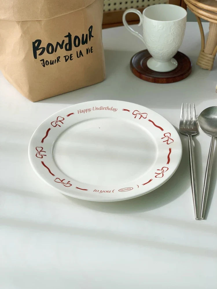 Pink Bow Ceramic Dessert Plate French Vintage Hand-painted Dish