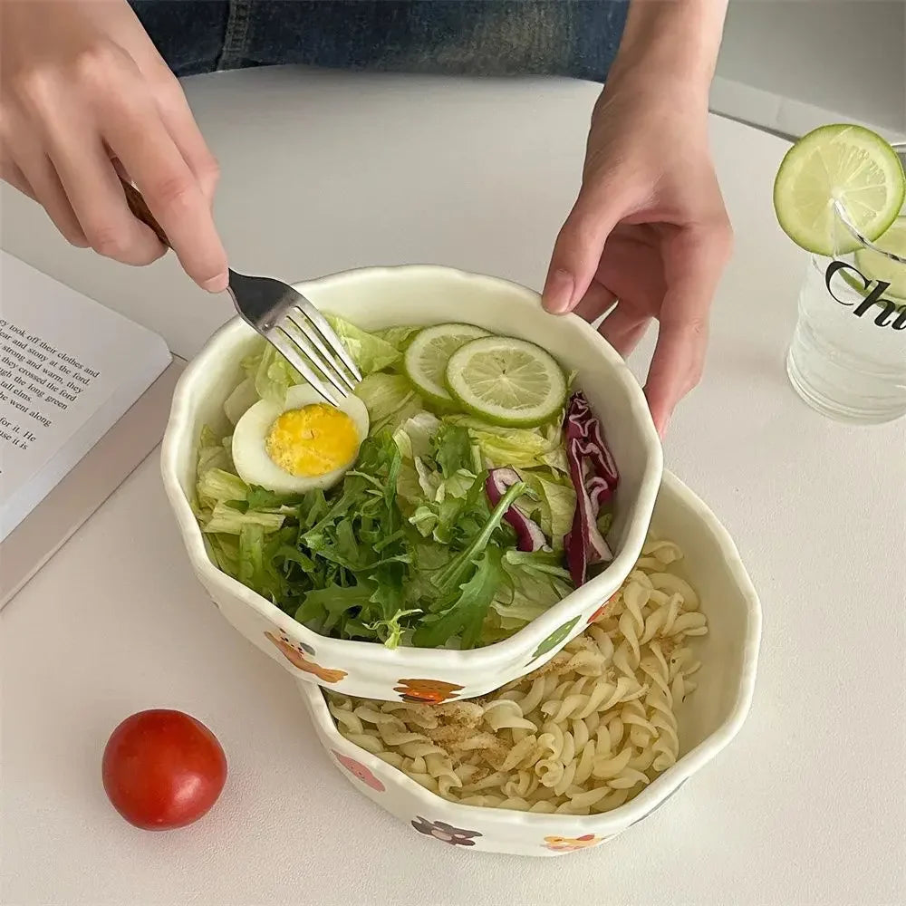 Cute Little Design Matte Hand Pressed Ceramic Deep Plate Cartoon Bowl