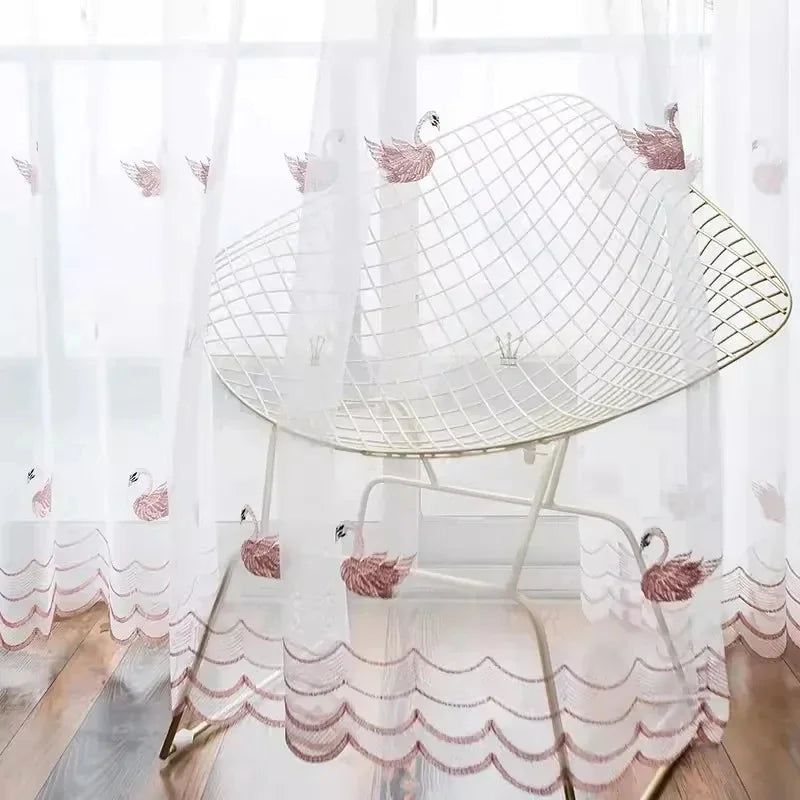 Pink Swan Embroidered Curtain, Sheer Tulle Curtains for Home Decoration Voile Drapes