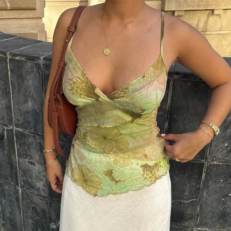 Ladies Boho Backless Tank Tops Coquette Tie Dye Print Camisole V Neck Sleeveless Crop Tops