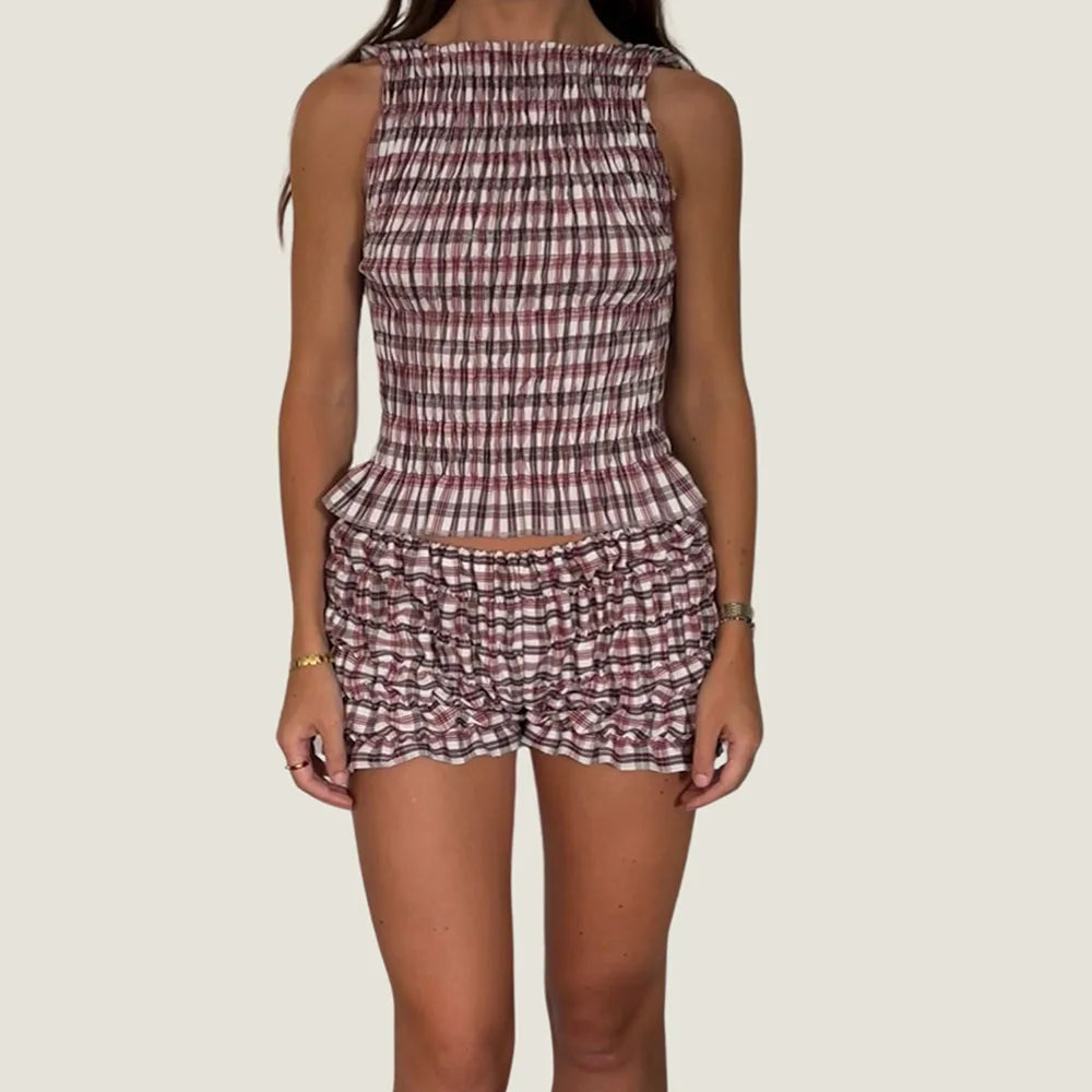 Women Vintage Two Piece Outfits Shorts Sets Ruffles Ruched Sleeveless Crop Tank Tops Low Waist Bloomer Shorts Loungwear