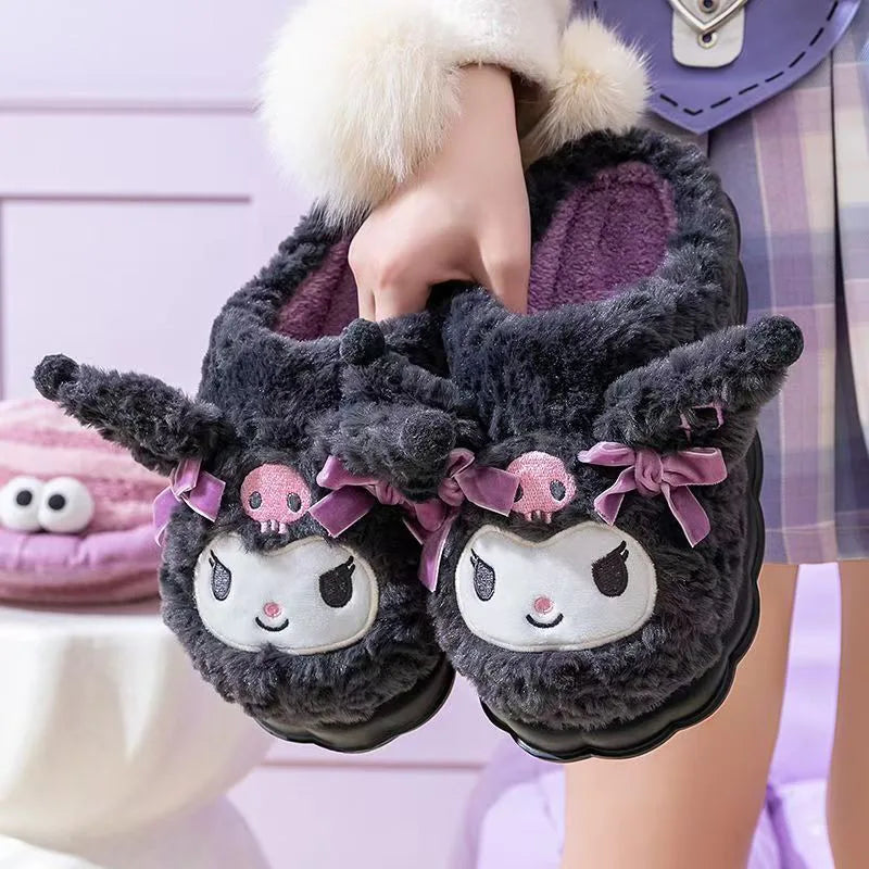 Kuromi Cotton Slippers For Women's Autumn And Winter Home Anti Slip Cute Student Cartoon Plush Cotton Shoes Thickened