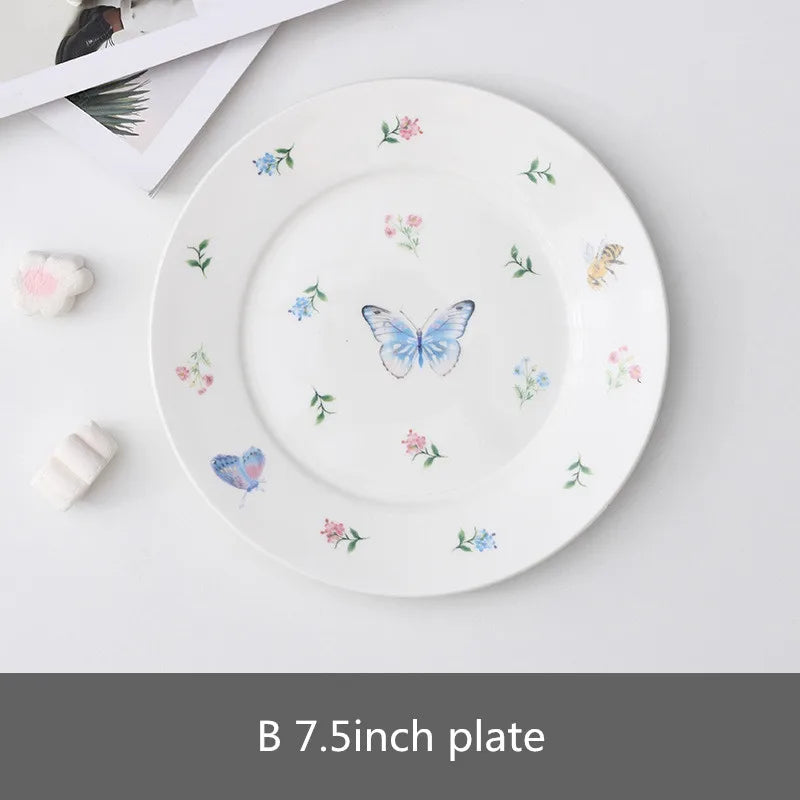 Garden Dragonfly Ceramic Dish Exquisite Round Ceramic Breakfast Dessert Plate Home Dish Plate High Temperature Resistant