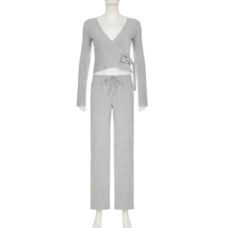 Fashion Drawstring High Waist Trousers Set Lace Up Flared Sleeve V Neck Twist Tops Plush Loose Pants Suit