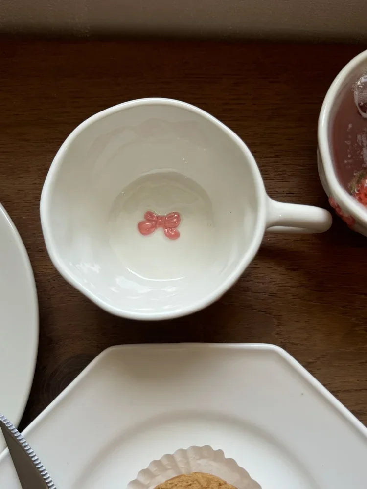 Hand Pinched Irregular Ceramic Hand-drawn Daisy Milk Tea Cup Pink Bow