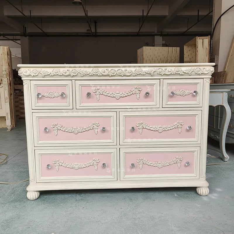 French Solid Wood Carving Flower Retro Seven Chest Cabinet