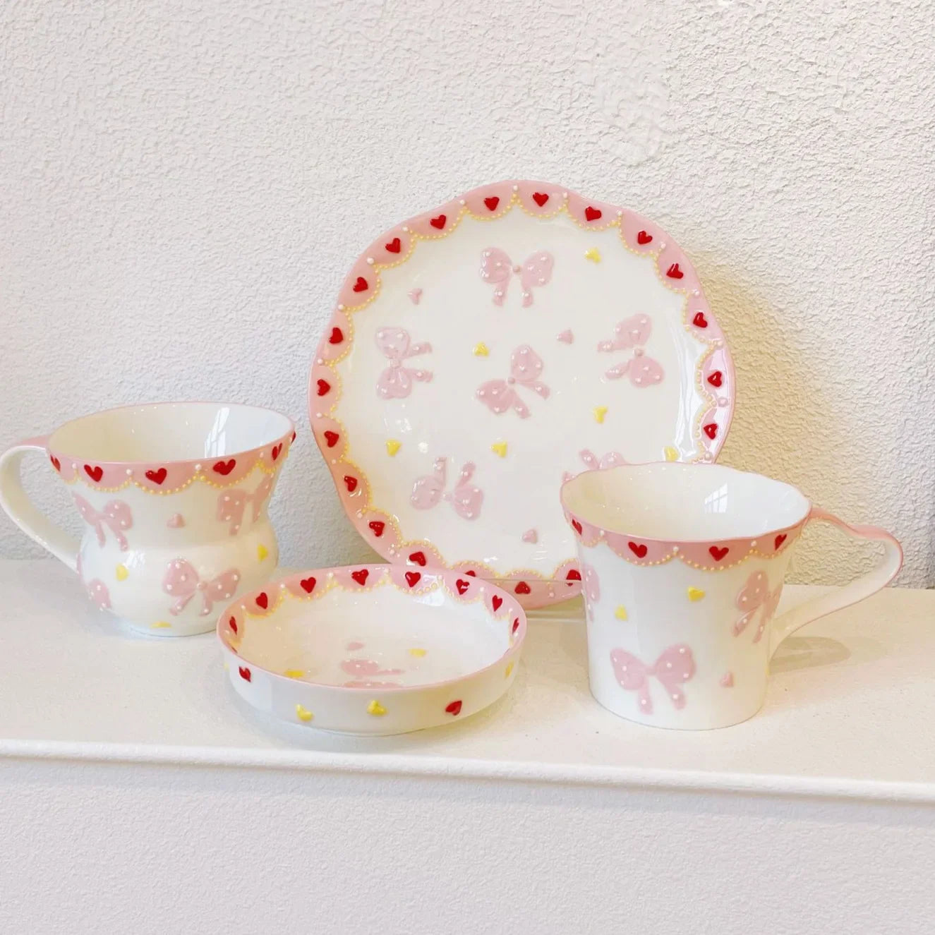 Pink Bow Ceramic Cup Saucer Set Handmade High Quality Cute Bow Breakfast Cups