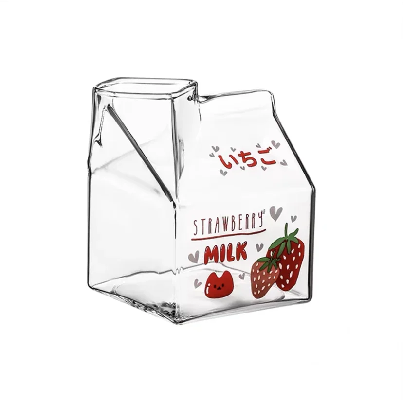 Kawaii Square Milk Carton Glass Cup Heat Resistant Cute Strawberry Peach Breakfast Cup Pudding Cup 380ml