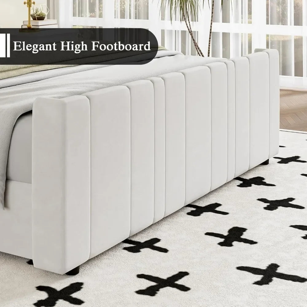 Soft Velvet Upholstered Bed Frame with Vertical Channel Tufted Wingback Headboard & Tall Footboard
