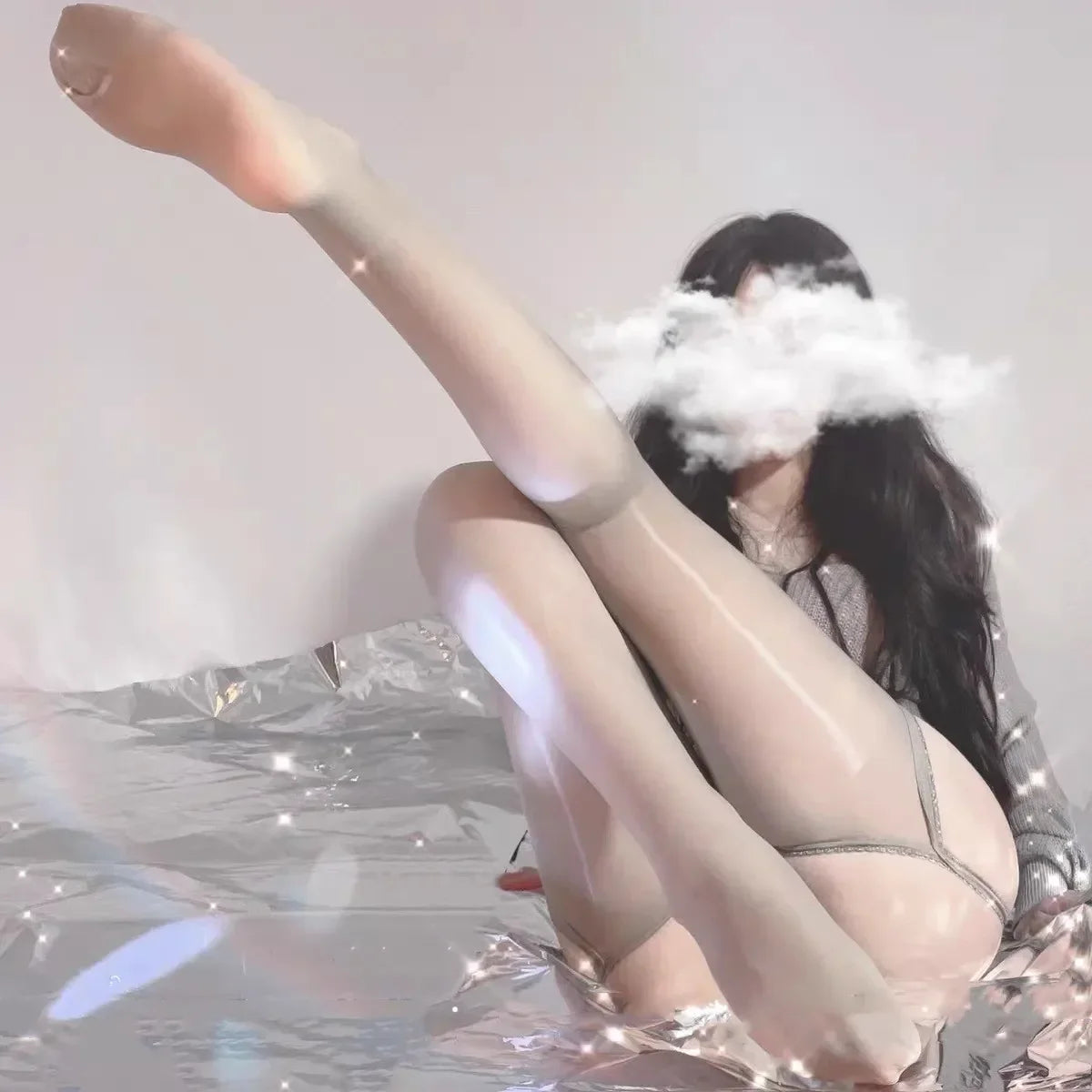 Lace Garter One-piece High Waist Stockings Hollow Oil Shiny Silk Smooth Sexy Pantyhose with Garters