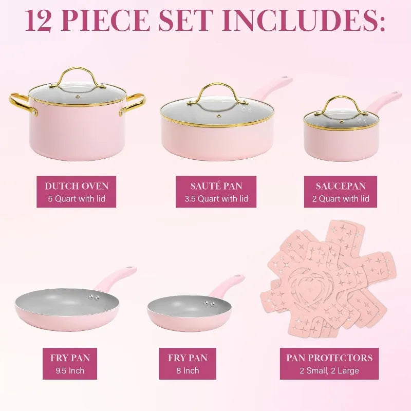Paris Hilton Epic Nonstick Pots and Pans Set, Multi-layer Nonstick Coating, Tempered Glass Lids, Soft Touch, 12-Piece, Pink