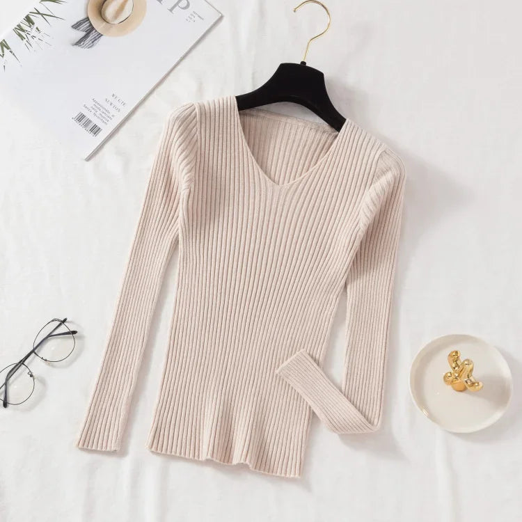 Women Sweaters Casual Long Sleeve Knitted V Neck Pullover Sweater Femme Basic Solid Jersey Tops Fashion Clothes