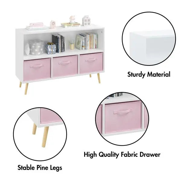 White/Pink Kids Bookcase with Collapsible Fabric Drawers, Children's Book Display, Toy Storage Cabinet Organizer