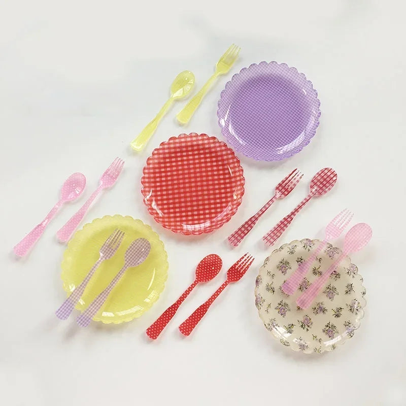 Plastic Dessert Tray Acrylic Cake Dish Grid Pattern Spork Floral Plates with Spoon & Fork