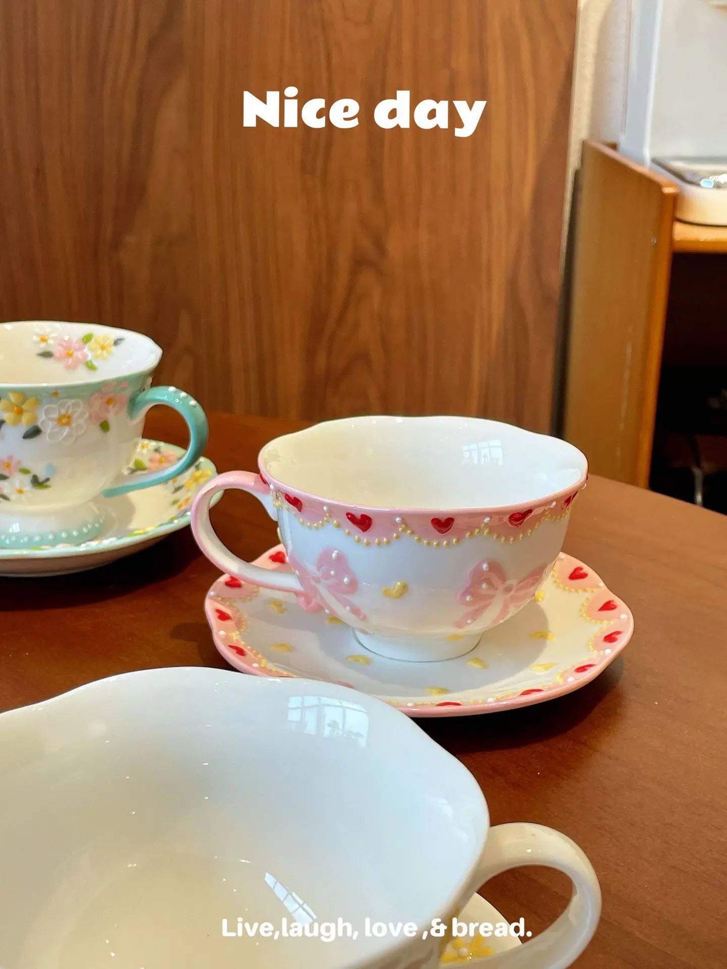 Pink Bow Ceramic Cup Saucer Set Handmade High Quality Cute Bow Breakfast Cups