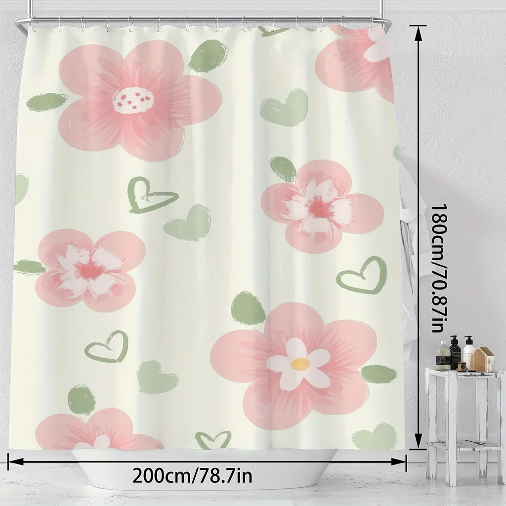 Pink Floral and Heart Print High Quality Shower Curtain - Cute and Stylish Bathroom Decor with Hooks, Polyester Fabric