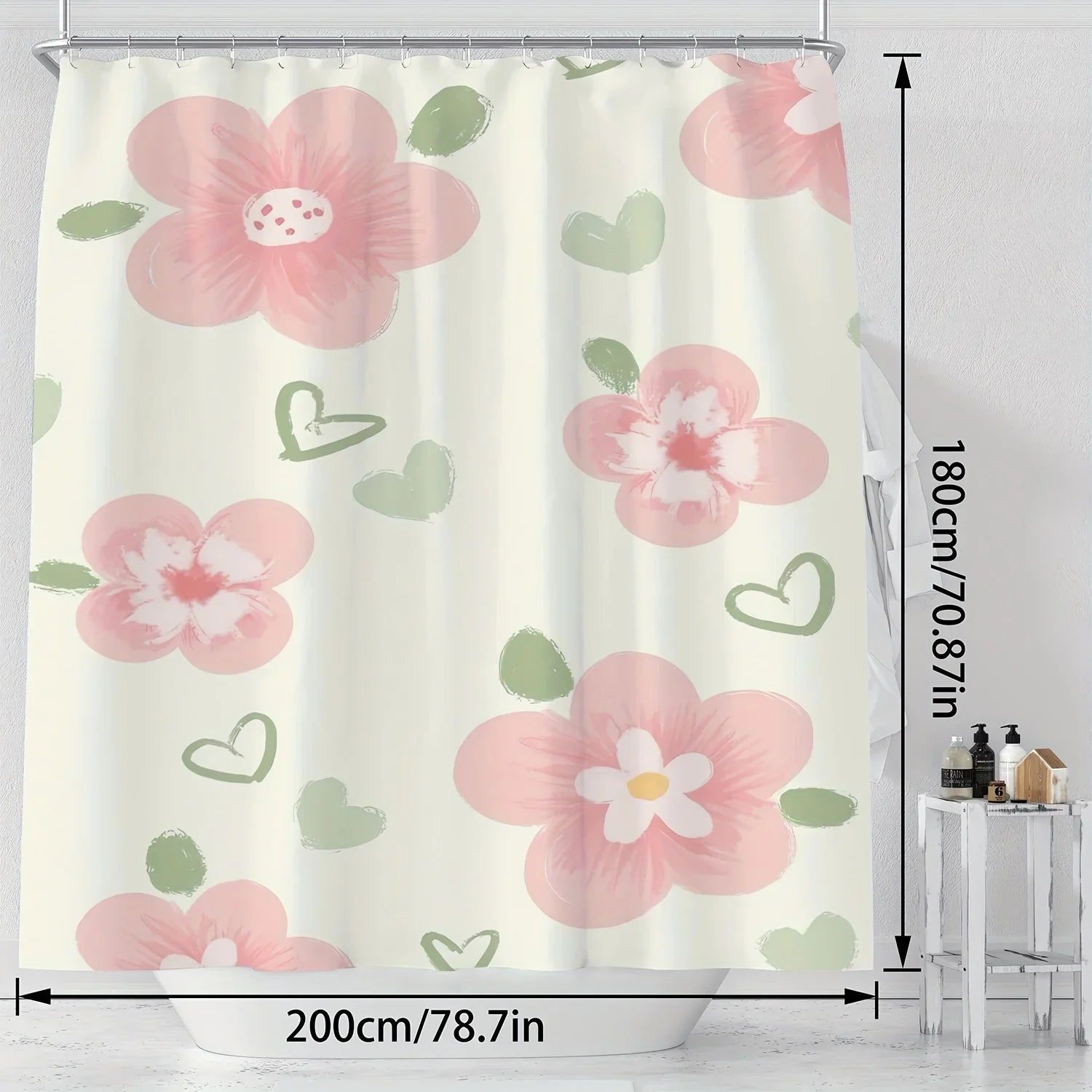 Pink Floral and Heart Print High Quality Shower Curtain - Cute and Stylish Bathroom Decor with Hooks, Polyester Fabric