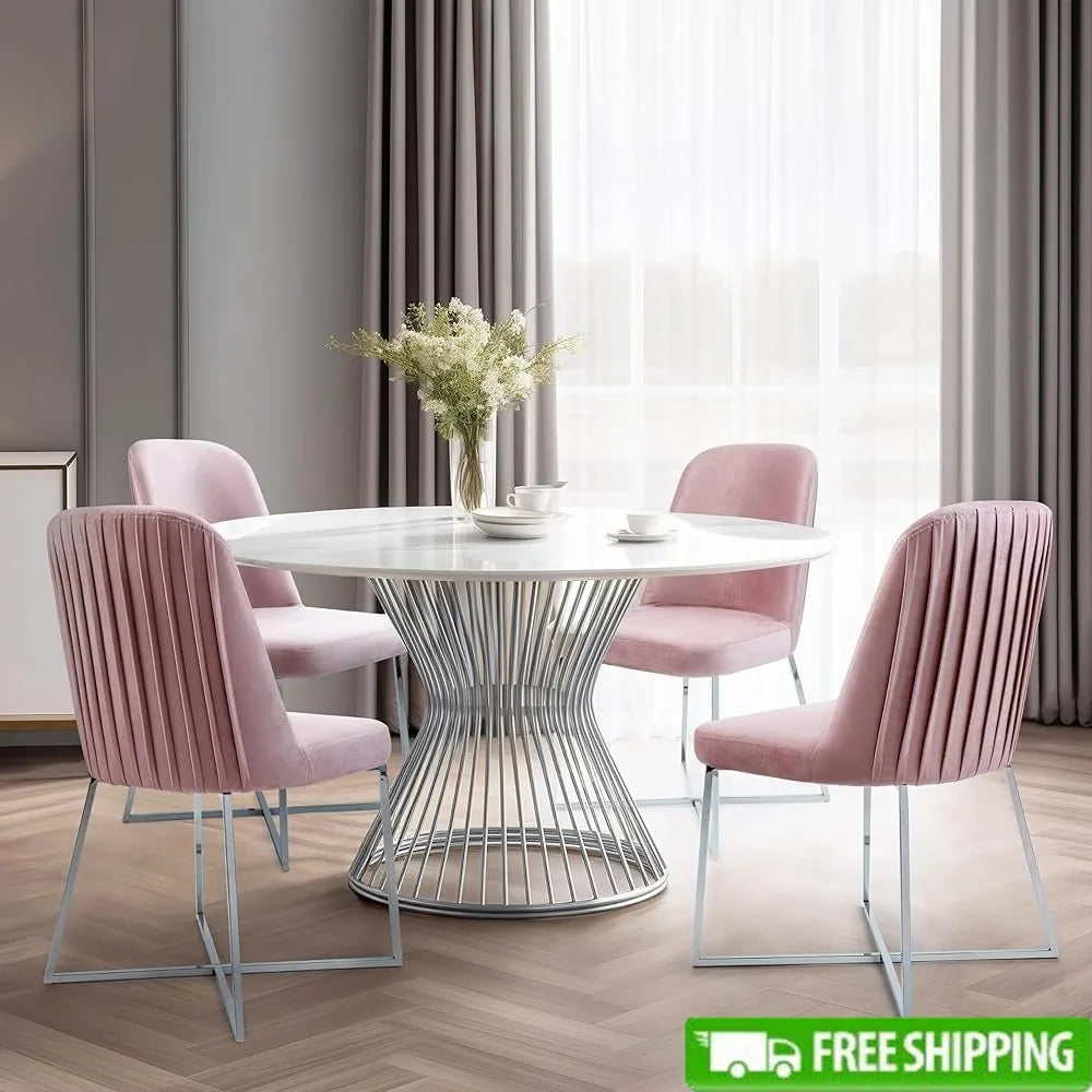 Modern Velvet Dining Chairs Set of 4 Pink Comfy Cushioned Seat with Sturdy Metal Legs Ideal Dining Living Room Kitchen