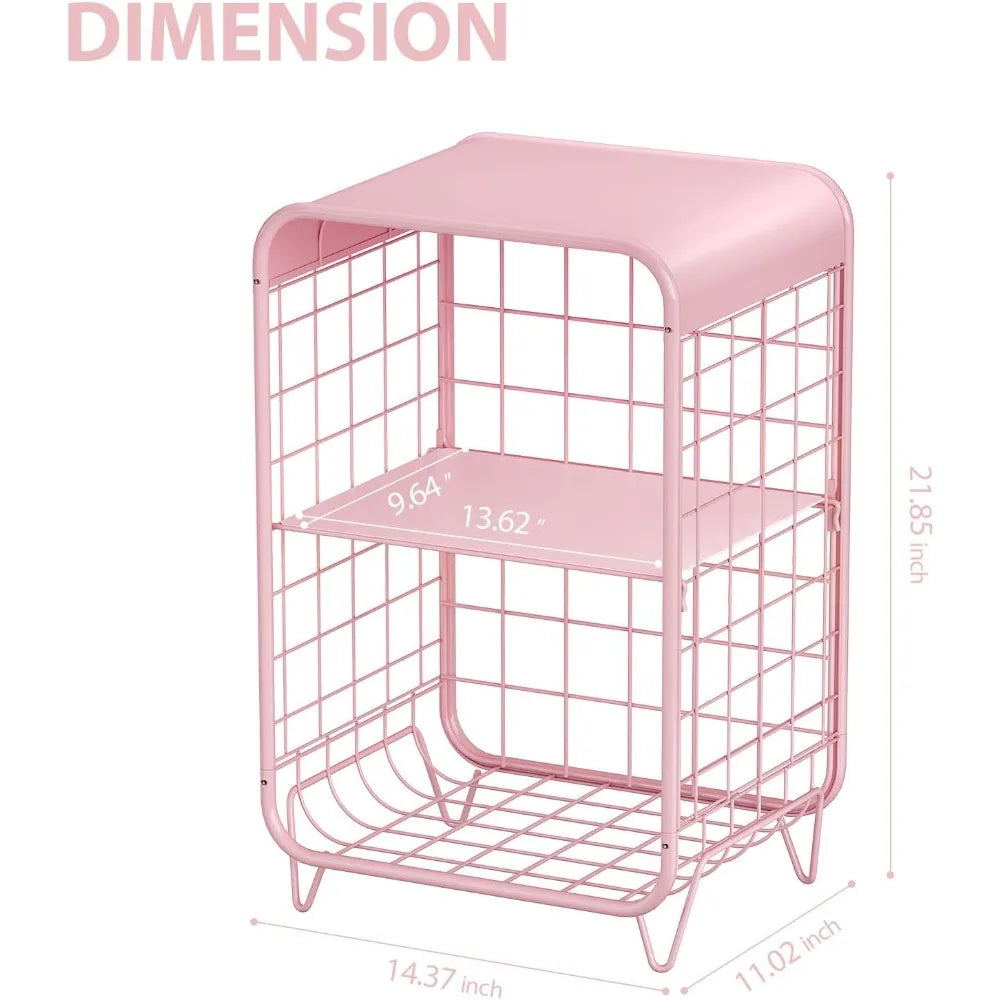Pink Nightstand,Metal Side Table,3 Tier End Table w/Storage