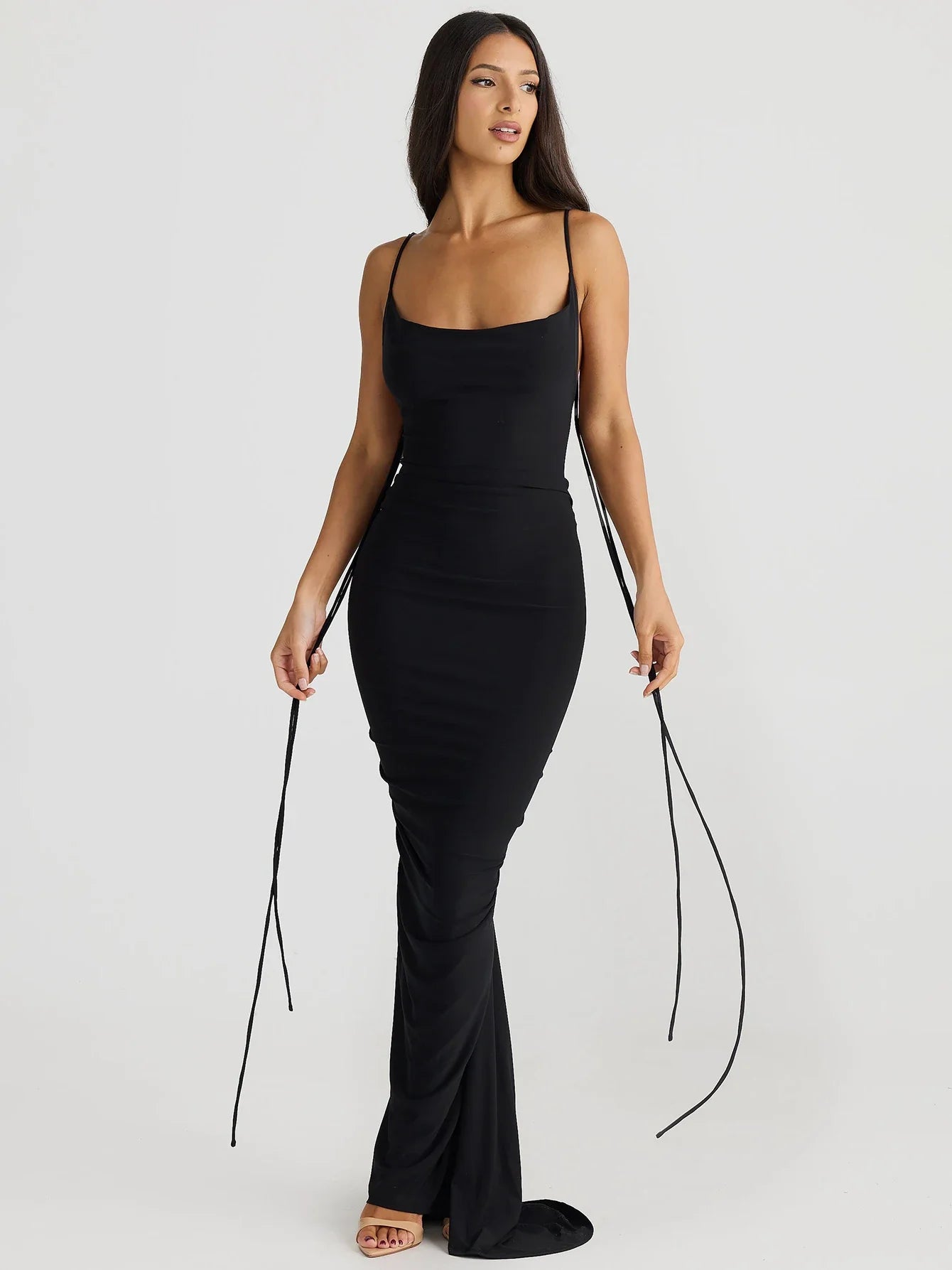 Sexy Backless Maxi Dress Women Spaghetti Strap Lace Up Solid
