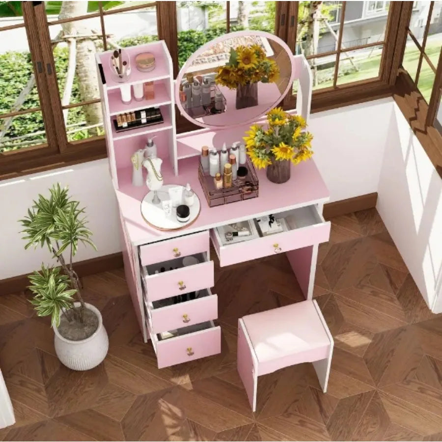 Pink 5-Drawers Makeup Vanity Dressing Table Set with Stool, Mirror and Storage Shelves Girls Dressing Table