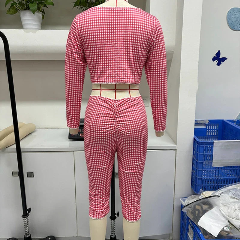 Plaid Outfits Long Sleeve Tie Front Crop Tops + Low Waist Capris Pants Set Vintage Cottage Slilm Fit T-shirt Women Y2k Outfits