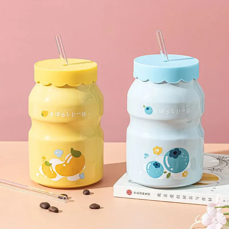 Fruit Pattern 500ML Beverage Cups with Lids and Straws