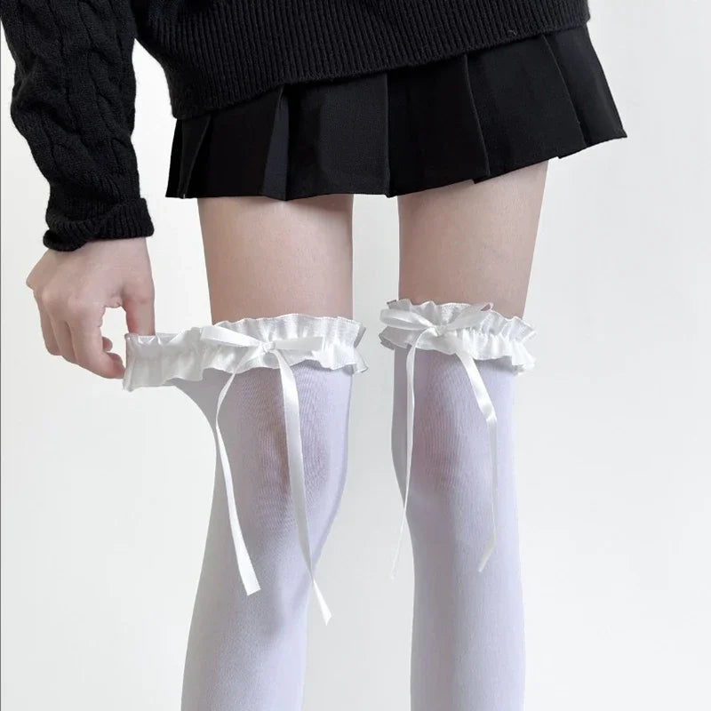 Women Lace Black White Ruffle Long Socks Women Girls Sweet Stockings Lolita Nylon Lace Leggings Over The Knee Bowknot Hosiery