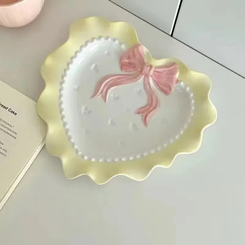 Heart-shaped Bow Wavy Edge Ceramic Dinnerware Set Ideal Cake Presentation,  Princess Pastry Platter, Lace-edged Rice Bowls