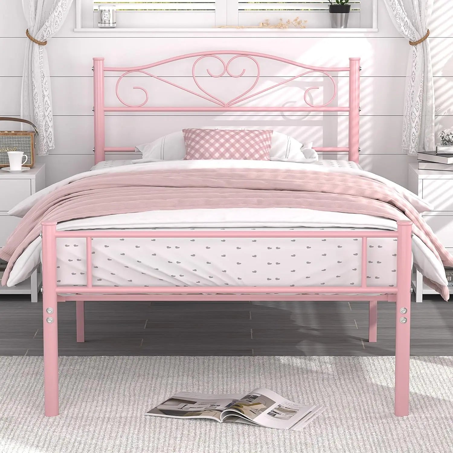 Pink Twin Size Metal Platform Bed Frame with Headboard and Footboard, Heavy Duty Mattress Foundation with Steel Slats Support 14 Inch
