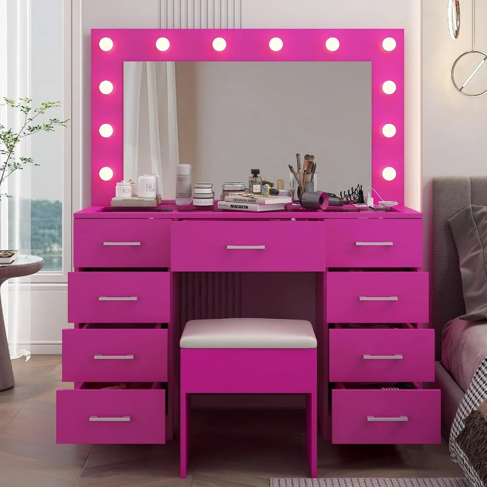 Makeup Table Vanity Desk with Mirror and Lights, Pink Makeup Vanity with  Stool, Drawers Mirror,Vanity Table with Stool