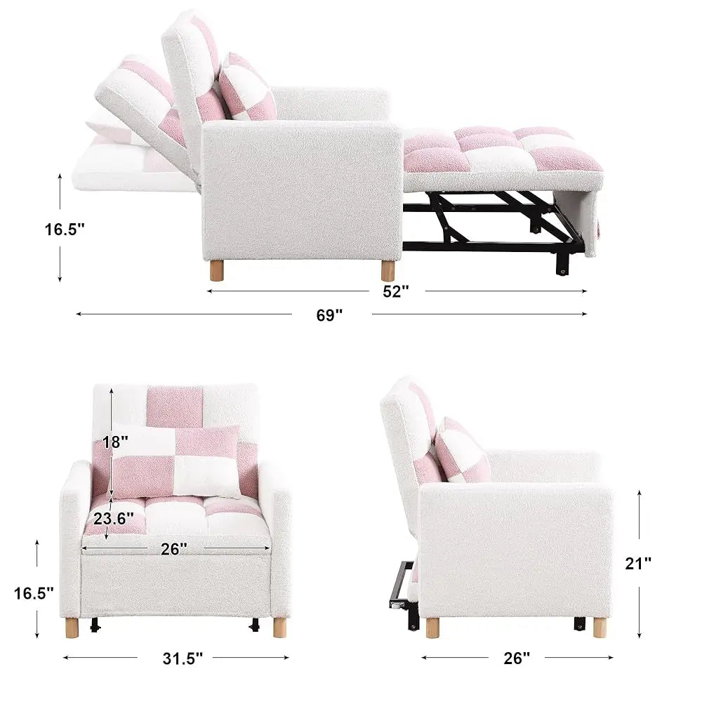 Pink Convertible Sleeper Chair, 3-In-1 Sleeper Chair Pull-Out Bed For Small Space, Soft Teddy Fabric, Sturdy Metal Frame