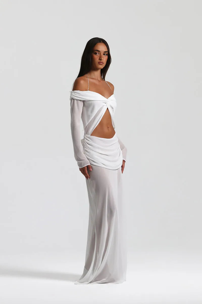 Hollow Out Ruched Sexy Maxi Dress Women Gown Halter Long Sleeve Strapless Backless Draped Slim Elegant Long Dress