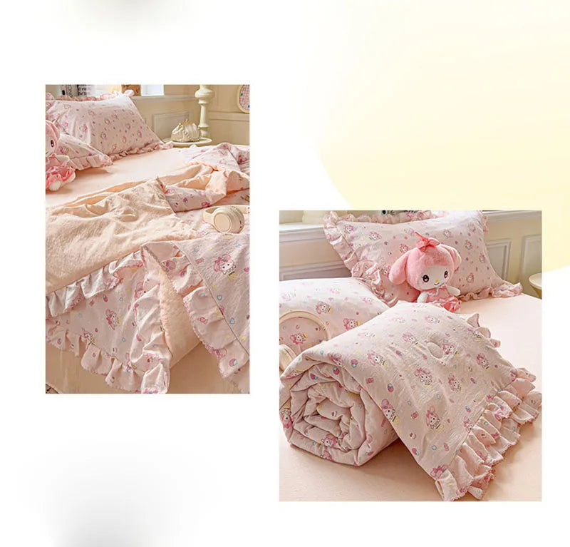 Korean Quilt with Lace and Ruffle Pure Cotton Patchwork Comforter for Summer Skin-Friendly Breathable Cooling Blanket for Home
