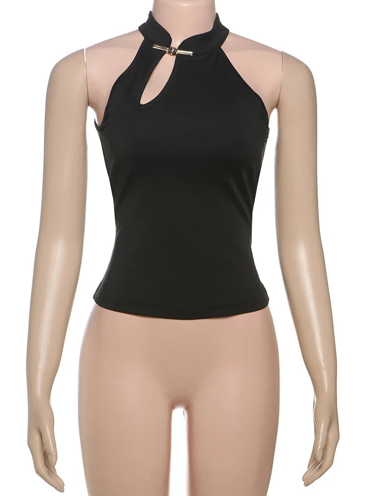 Cheongsam Buckle Tank Tops Women Y2K Summer Trend Basic Classic Hollow Solid Simple Street Stretch Daily Chic Vest