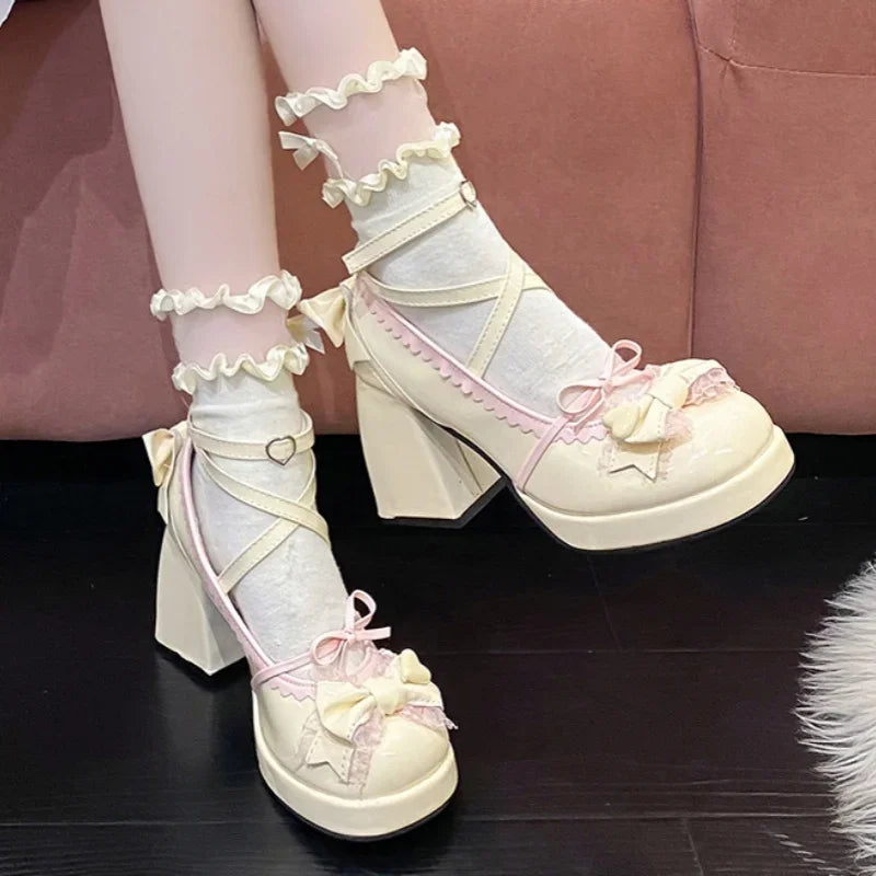 Round Toe Square Heel Increased Fashion Elegant High Heel Women's Shoes Bow Decorated Mary Jane Shoes